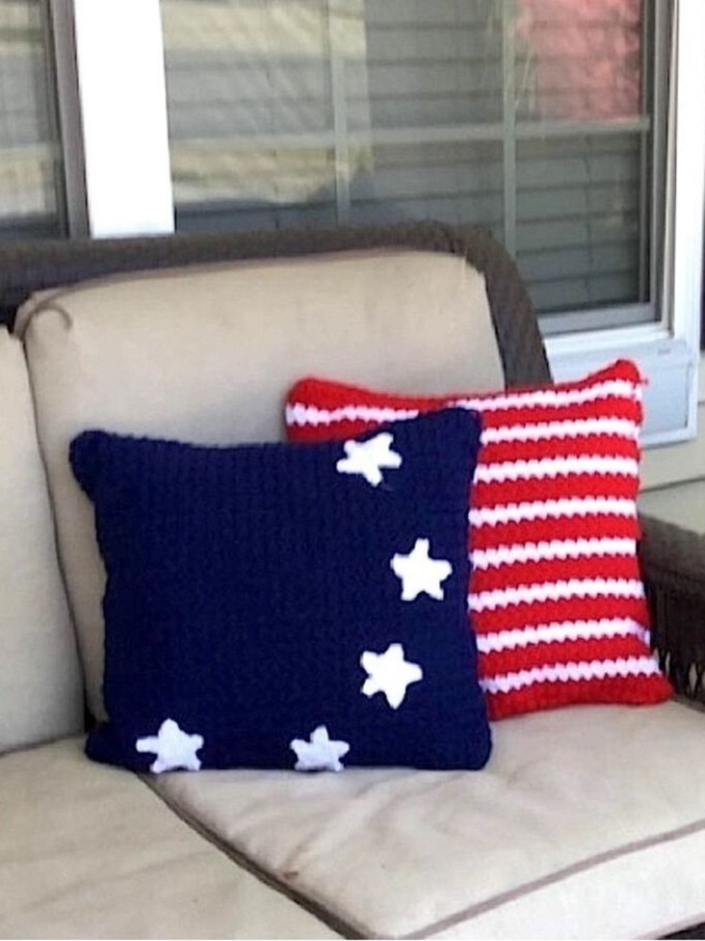 Hand Crafted Patriotic Knit Throw Pillow Cover 18 x 18 Crochet Blue White Stars